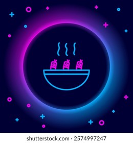 Glowing neon line Soup with shrimps icon isolated on black background. Tom yum kung soup. Colorful outline concept. Vector