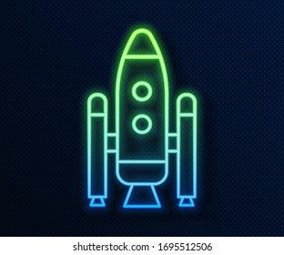 Glowing neon line Space shuttle and rockets icon isolated on blue background.  Vector Illustration