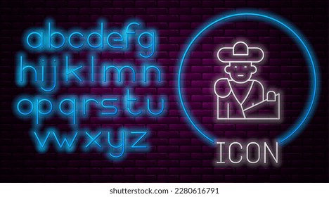 Glowing neon line Spain bullfight, matador icon isolated on brick wall background. Traditional Spanish entertainment. Neon light alphabet. Vector