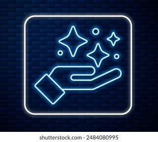 Glowing neon line Sparkle stars with magic trick icon isolated on brick wall background. Magic christmas decoration.  Vector