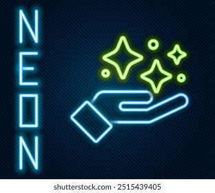 Glowing neon line Sparkle stars with magic trick icon isolated on black background. Magic christmas decoration. Colorful outline concept. Vector