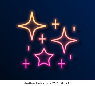 Glowing neon line Sparkle stars with magical glitter particles icon isolated on black background. Magic christmas decoration.  Vector