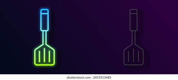 Glowing neon line Spatula icon isolated on black background. Kitchen spatula icon. BBQ spatula sign. Barbecue and grill tool.  Vector