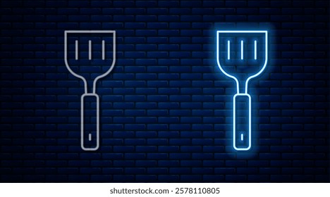 Glowing neon line Spatula icon isolated on brick wall background. Kitchen spatula icon. BBQ spatula sign. Barbecue and grill tool.  Vector