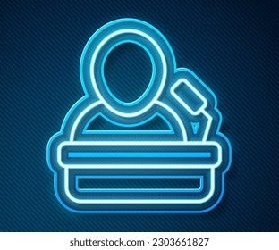 Glowing neon line Speaker icon isolated on blue background. Orator speaking from tribune. Public speech. Person on podium.  Vector