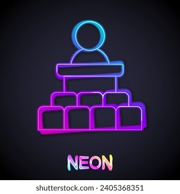 Glowing neon line Speaker icon isolated on black background. Orator speaking from tribune. Public speech. Person on podium.  Vector
