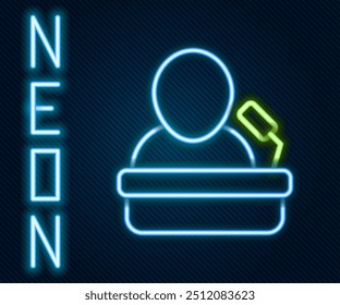 Glowing neon line Speaker icon isolated on black background. Orator speaking from tribune. Public speech. Person on podium. Colorful outline concept. Vector