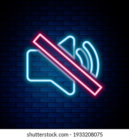 Glowing neon line Speaker mute icon isolated on brick wall background. No sound icon. Volume Off symbol. Colorful outline concept. Vector