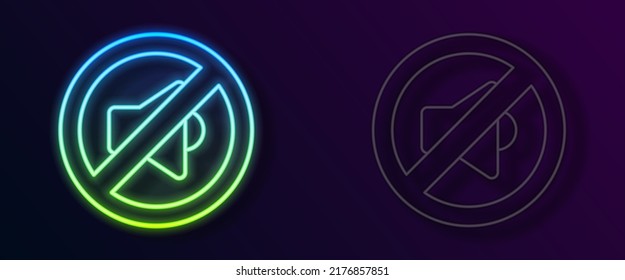 Glowing neon line Speaker mute icon isolated on black background. No sound icon. Volume Off symbol.  Vector