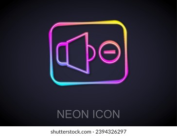 Glowing neon line Speaker mute icon isolated on black background. No sound icon. Volume Off symbol.  Vector