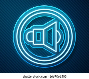 Glowing neon line Speaker volume, audio voice sound symbol, media music icon isolated on blue background.  Vector Illustration