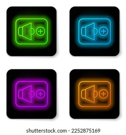 Glowing neon line Speaker volume, audio voice sound symbol, media music icon isolated on white background. Black square button. Vector