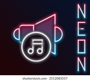 Volumen de altavoz de línea de neón brillante, símbolo de sonido de voz de audio, icono de música multimedia aislado sobre fondo negro. Concepto de contorno colorido. Vector