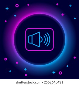 Glowing neon line Speaker volume, audio voice sound symbol, media music icon isolated on black background. Colorful outline concept. Vector