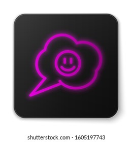 Glowing neon line Speech bubble with smile face icon isolated on white background. Smiling emoticon. Happy smiley chat symbol. Black square button. Vector Illustration