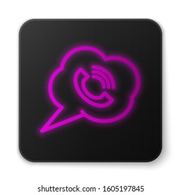 Glowing neon line Speech bubble with phone call icon isolated on white background. Black square button. Vector Illustration