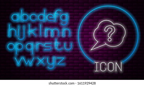 Glowing neon line Speech bubble and Question icon isolated on brick wall background. FAQ sign. Copy files, chat speech bubble and chart. Neon light alphabet. Vector Illustration