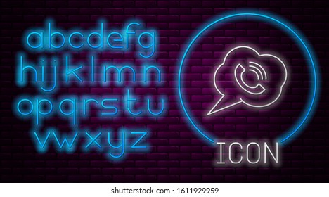 Glowing neon line Speech bubble with phone call icon isolated on brick wall background. Neon light alphabet. Vector Illustration