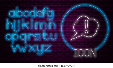 Glowing neon line Speech bubble and Exclamation icon isolated on brick wall background. FAQ sign. Copy files, chat speech bubble and chart. Neon light alphabet. Vector Illustration