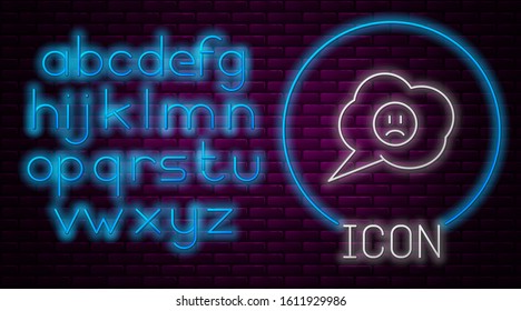 Glowing neon line Speech bubble with sad smile icon isolated on brick wall background. Emoticon face. Neon light alphabet. Vector Illustration