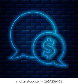 Glowing neon line Speech bubble with dollar icon isolated on brick wall background. Badge for price. Sale with dollar symbol. Promo tag discount.  Vector Illustration