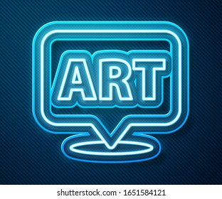 Glowing neon line Speech bubble with text art icon isolated on blue background. Message icon. Communication or comment chat symbol.  Vector Illustration
