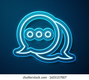 Glowing neon line Speech bubble chat icon isolated on blue background. Message icon. Communication or comment chat symbol.  Vector Illustration