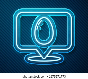 Glowing neon line Speech bubble with easter egg icon isolated on blue background. Happy Easter.  Vector Illustration