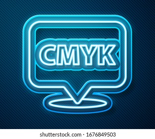 Glowing neon line Speech bubble with text CMYK icon isolated on blue background.  Vector Illustration