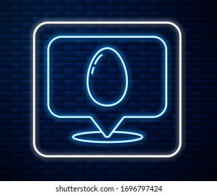 Glowing neon line Speech bubble with easter egg icon isolated on brick wall background. Happy Easter.  Vector Illustration