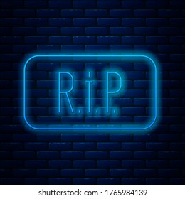 Glowing neon line Speech bubble rip death icon isolated on brick wall background.  Vector