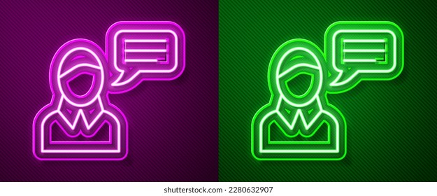 Glowing neon line Speech bubble chat icon isolated on purple and green background. Message icon. Communication or comment chat symbol.  Vector