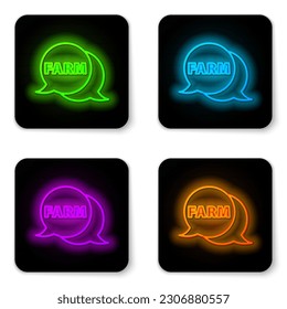 Glowing neon line Speech bubble with text Farm icon isolated on white background. Black square button. Vector