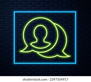 Glowing neon line Speech bubble chat icon isolated on brick wall background. Message icon. Communication or comment chat symbol.  Vector
