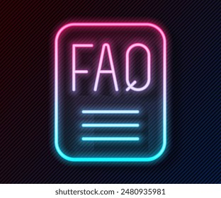 Glowing neon line Speech bubble with text FAQ information icon isolated on black background. Circle button with text FAQ.  Vector