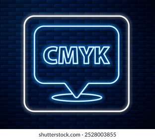Linha de neon brilhante Balão de fala com texto ícone CMYK isolado no plano de fundo da parede de tijolo.  Ilustração de vetor