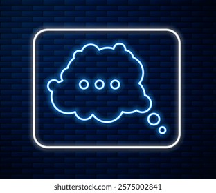 Glowing neon line Speech bubble chat icon isolated on brick wall background. Message icon. Communication or comment chat symbol.  Vector