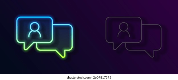 Glowing neon line Speech bubble chat icon isolated on black background. Message icon. Communication or comment chat symbol.  Vector