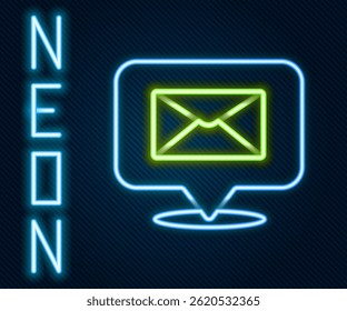 Glowing neon line Speech bubble with envelope icon isolated on black background. Colorful outline concept. Vector Illustration