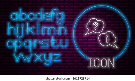 Glowing neon line Speech bubbles with Question and Exclamation icon isolated on brick wall background. FAQ sign. Copy files, chat speech bubble and chart. Neon light alphabet. Vector Illustration
