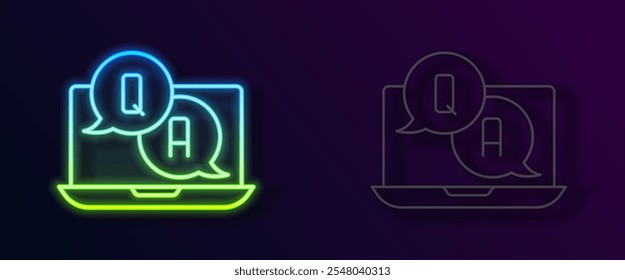 Glowing neon line Speech bubbles with Question and Answer icon isolated on black background. Q and A symbol. FAQ sign. Chat speech bubble and chart.  Vector