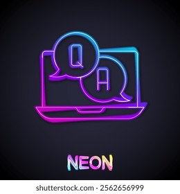 Glowing neon line Speech bubbles with Question and Answer icon isolated on black background. Q and A symbol. FAQ sign. Chat speech bubble and chart.  Vector