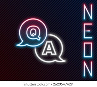 Glowing neon line Speech bubbles with Question and Answer icon isolated on black background. Q and A symbol. FAQ sign. Chat speech bubble and chart. Colorful outline concept. Vector