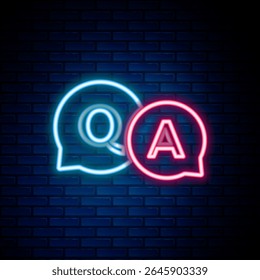 Glowing neon line Speech bubbles with Question and Answer icon isolated on brick wall background. Q and A symbol. FAQ sign. Chat speech bubble and chart. Colorful outline concept. Vector