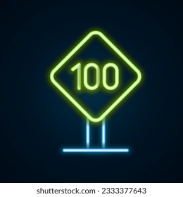 Glühende Neonline Geschwindigkeitsbegrenzung Verkehrszeichen 100 km Symbol einzeln auf schwarzem Hintergrund. Farbiges Rahmenkonzept. Vektorgrafik