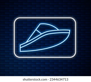 Glowing neon line Speedboat icon isolated on brick wall background.  Vector