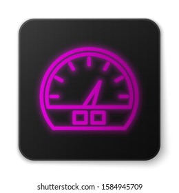 Glowing neon line Speedometer icon isolated on white background. Black square button. Vector Illustration