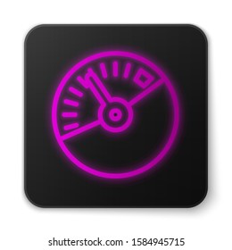 Glowing neon line Speedometer icon isolated on white background. Black square button. Vector Illustration