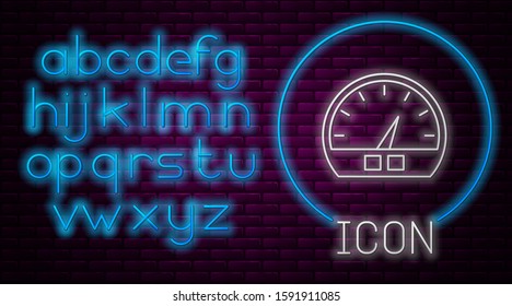 Glowing neon line Speedometer icon isolated on brick wall background. Neon light alphabet. Vector Illustration
