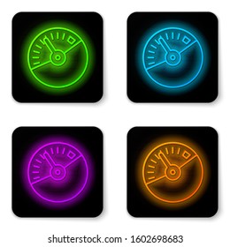 Glowing neon line Speedometer icon isolated on white background. Black square button. Vector Illustration